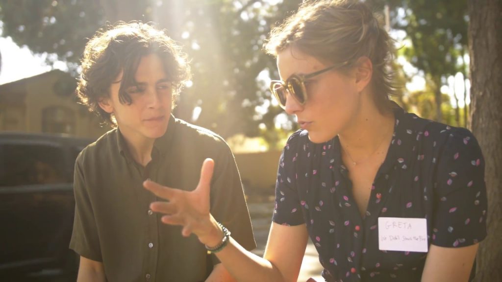 filmmakers of 2010s Greta Gerwig & Timothée Chalamet on the set of Lady Bird