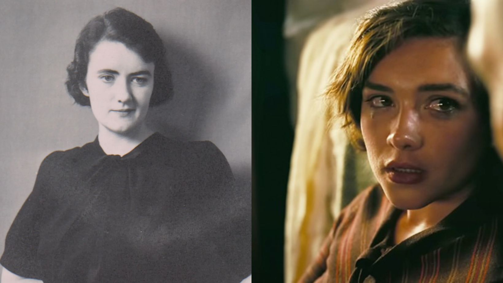 The real Jean Tatlock and Florence Pugh who plays her in Oppenheimer (2023). 