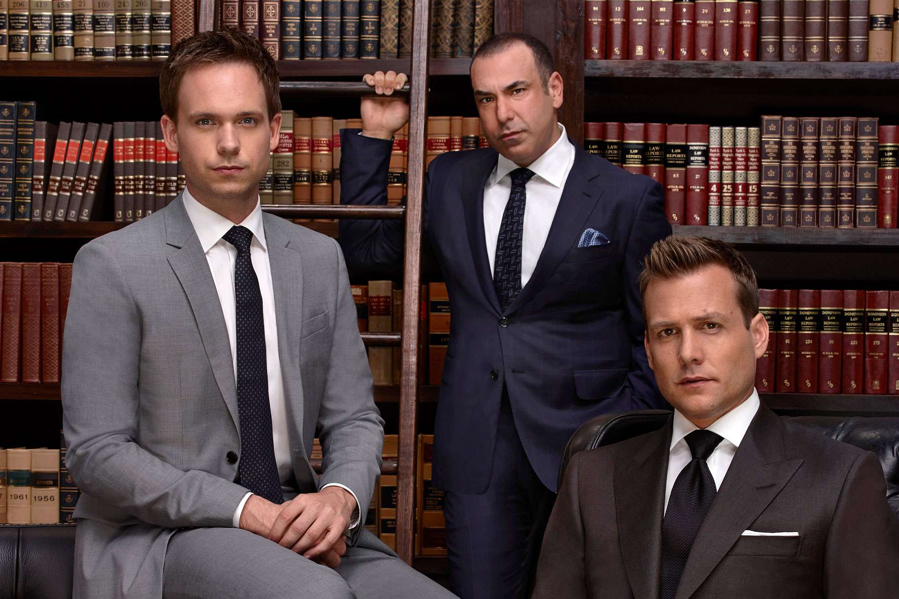 Patrick J. Adams as Michael James Ross, Rick Hoffman as Louis Marlowe Litt and Gabriel Macht as Harvey Reginald Specter in Suits TV Drama