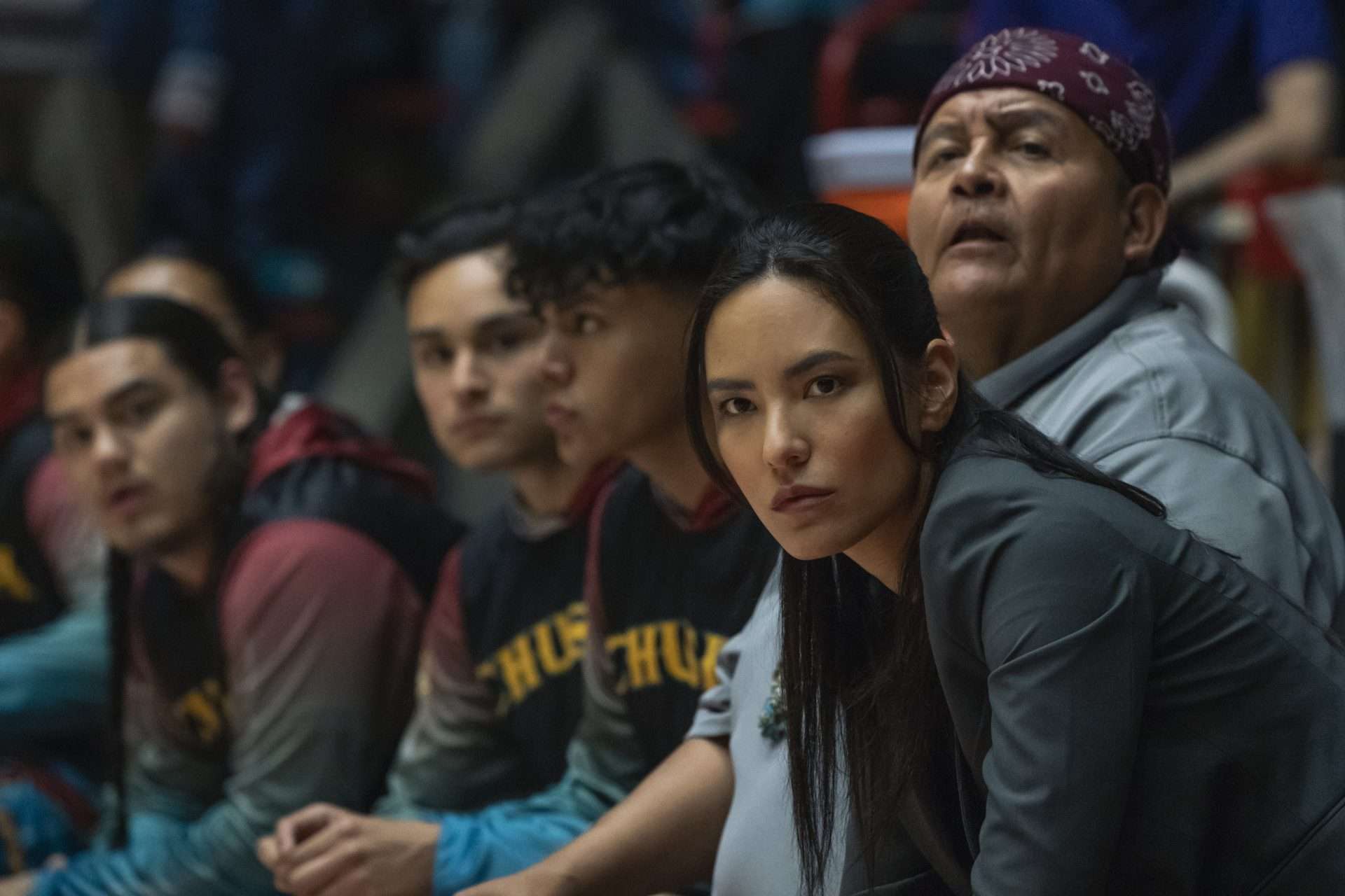 Rez Ball. (L to R) Damian Henry Castellane as Ruckus, Jaren K Robledo as Levi, Jojo Jackson as Warlance Yazzie, Jessica Matten as Heather and Ernest Tsosie as Benny Begaye in Rez Ball. Cr. Lewis Jacobs/Netflix © 2024 Ending.