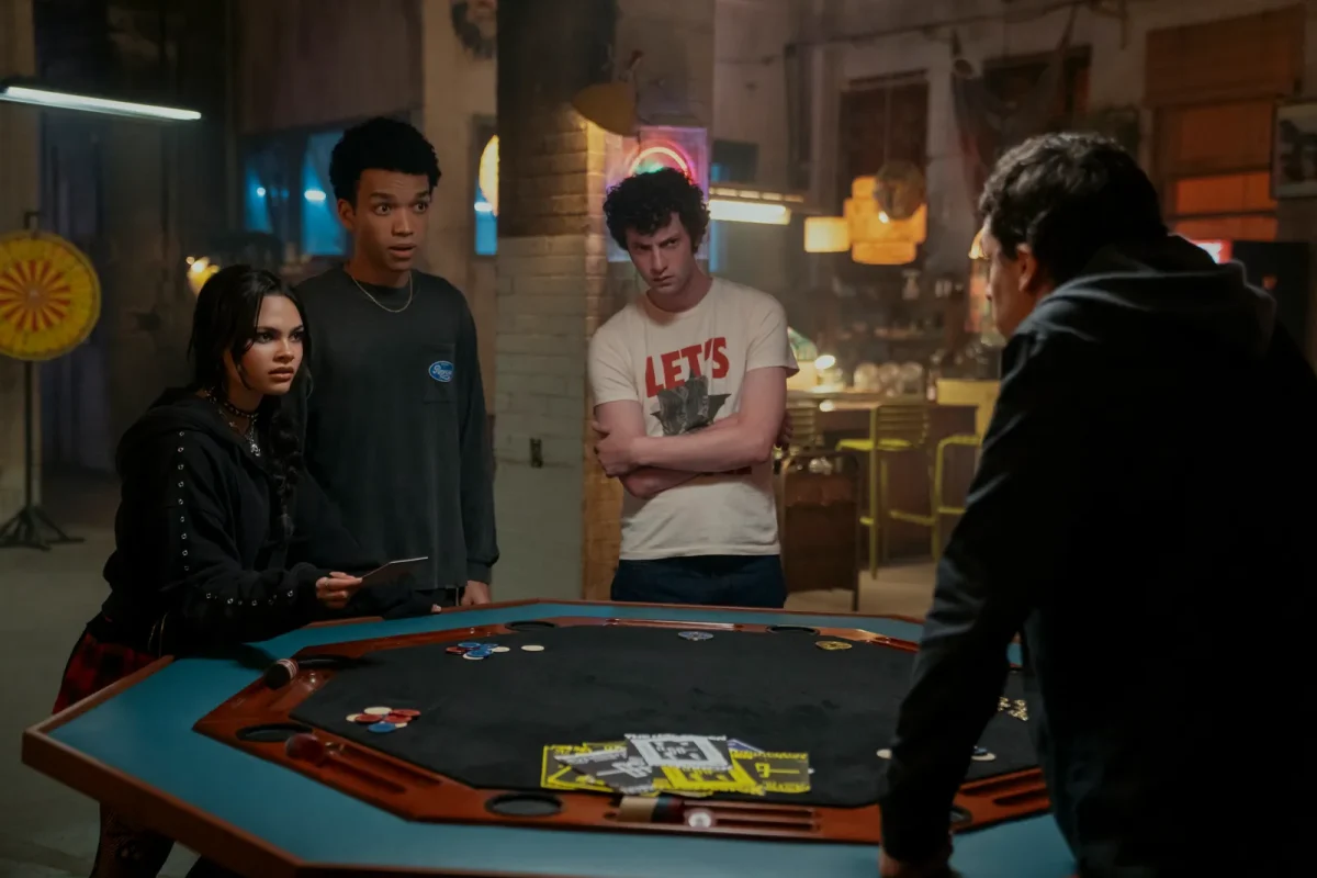 Ariana Greenblatt as June, Justice Smith as Charlie, Dominic Sessa as Bosco, and Jesse Eisenberg as Daniel Atlas in Now You See Me- Now You Don't. Shane Mahood:Lionsgate